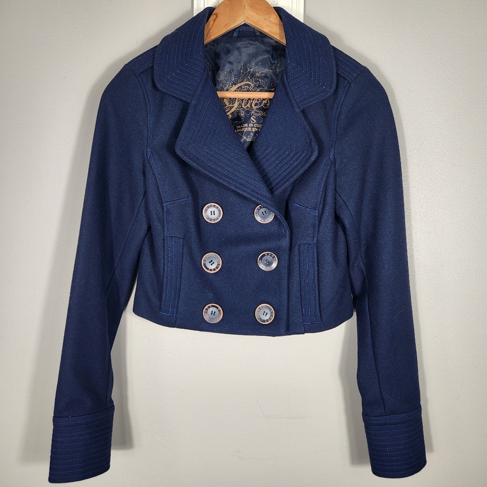 Guess Blue Wool Blend Crop Pea Coat Jacket Size Small Vintage